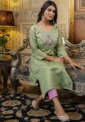 Green Floral Embroidered Poly Blend Kurta