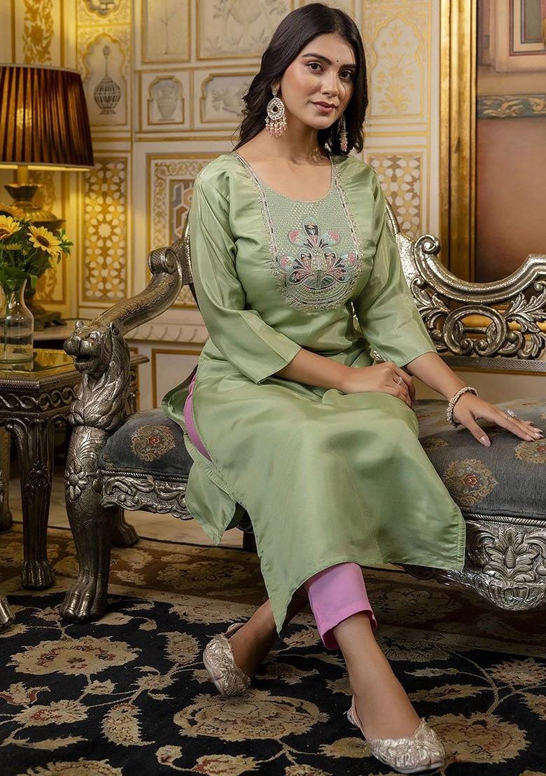 Green Floral Embroidered Poly Blend Kurta