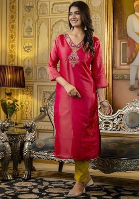 Pink Ethnic Motifs Embroidery Poly Blend Kurta