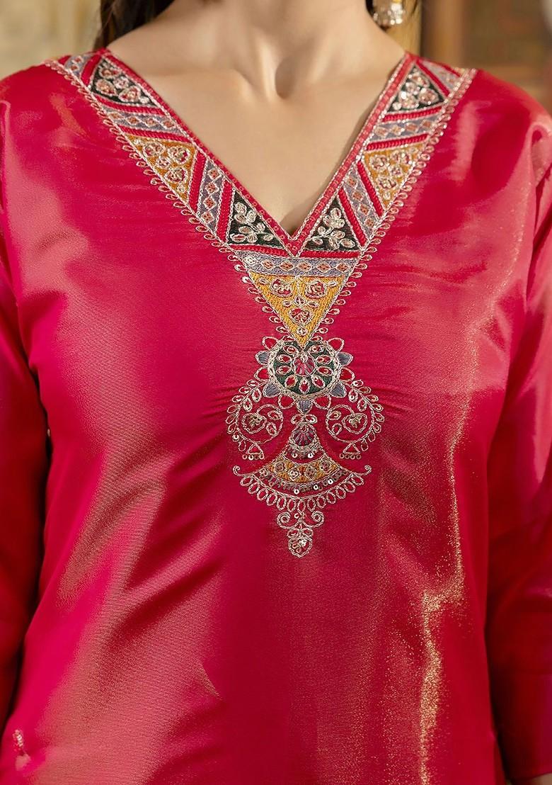 Pink Ethnic Motifs Embroidery Poly Blend Kurta