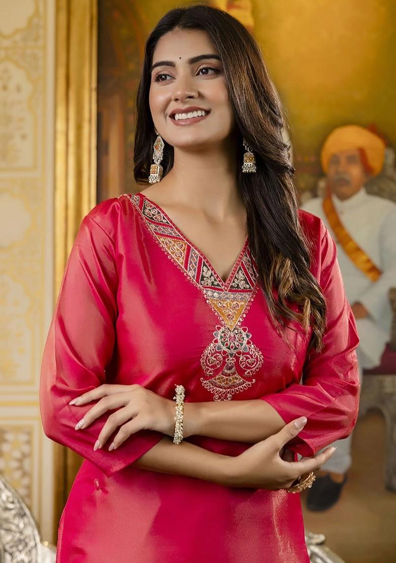 Pink Ethnic Motifs Embroidery Poly Blend Kurta