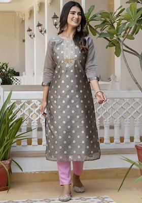 Grey Floral Embroidered Poly Blend Kurta