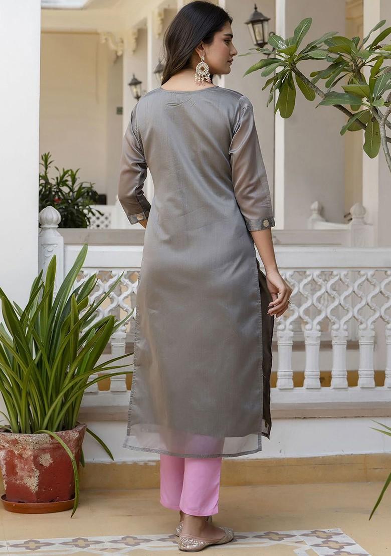 Grey Floral Embroidered Poly Blend Kurta