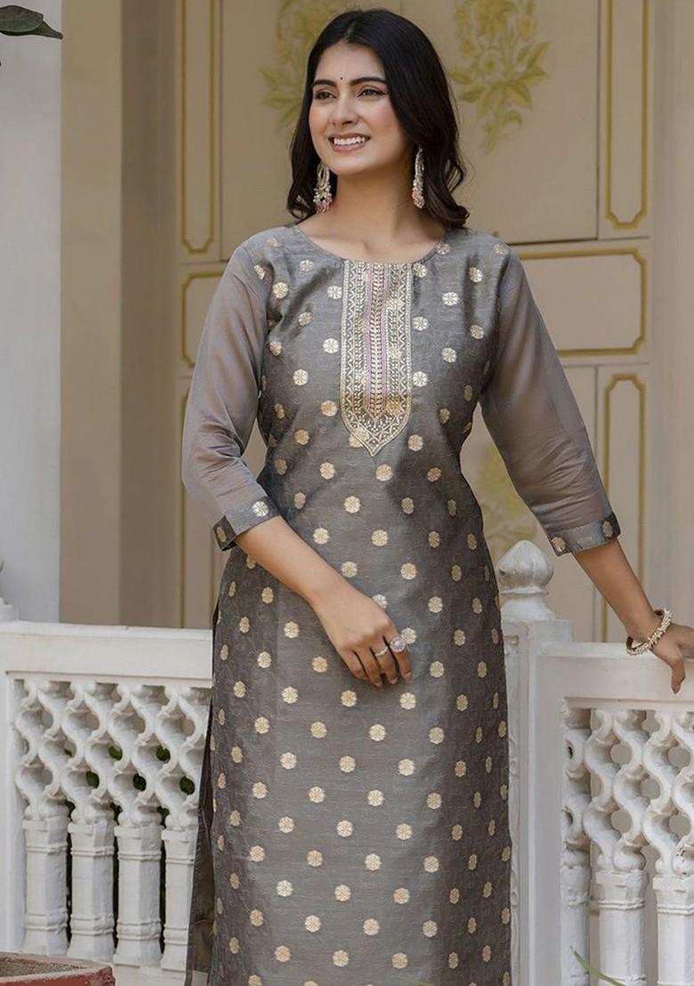 Grey Floral Embroidered Poly Blend Kurta