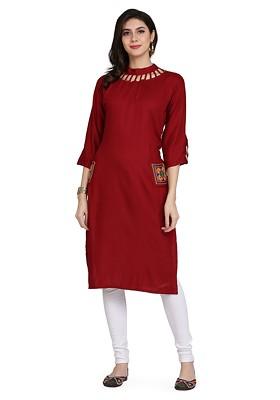 Red Solid Poly Blend Kurta