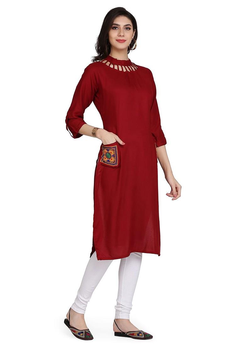 Red Solid Poly Blend Kurta