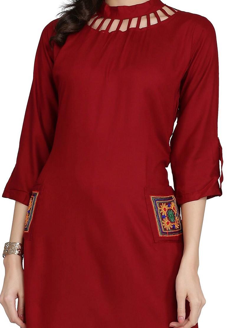 Red Solid Poly Blend Kurta