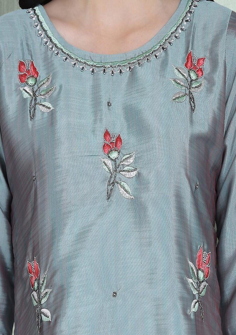 Grey Floral Embroidered Silk Kurta