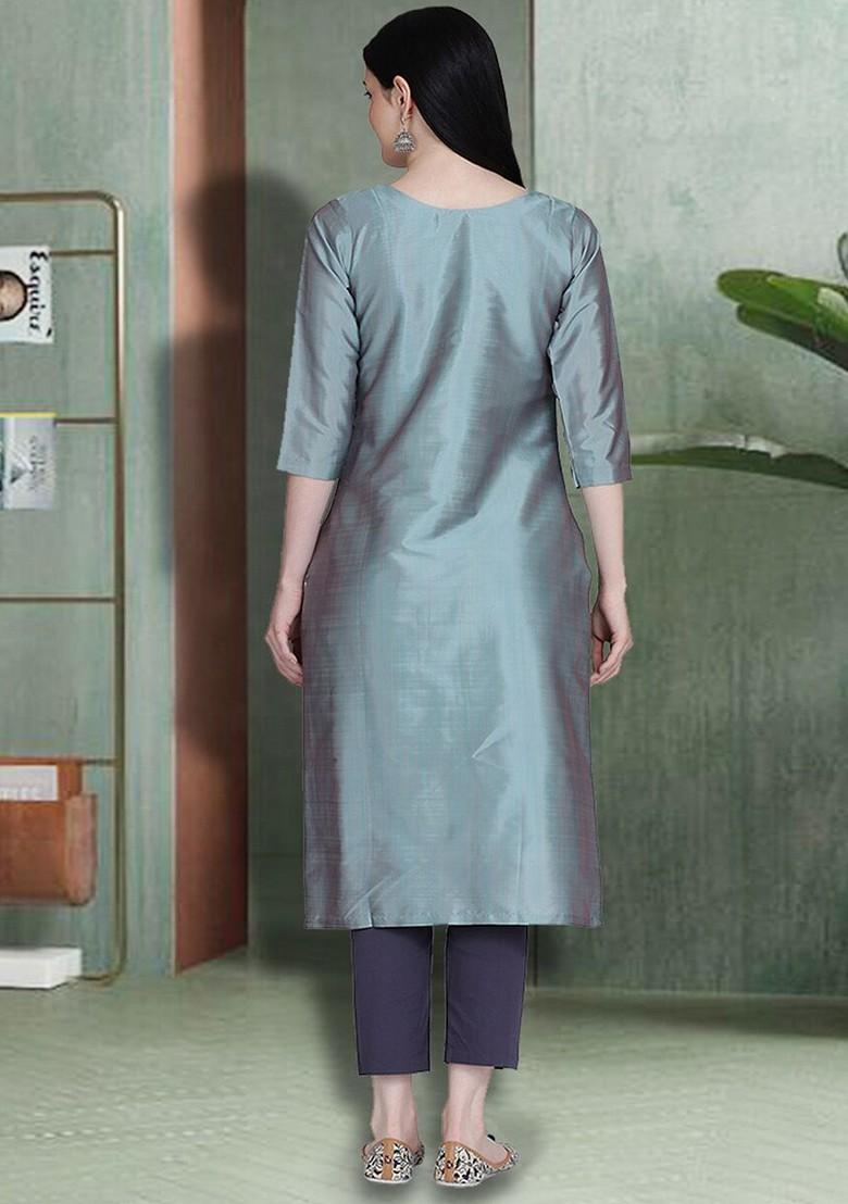 Grey Floral Embroidered Silk Kurta