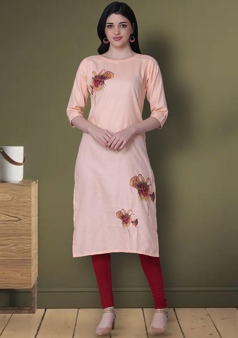 Peach Floral Print Cotton Kurta