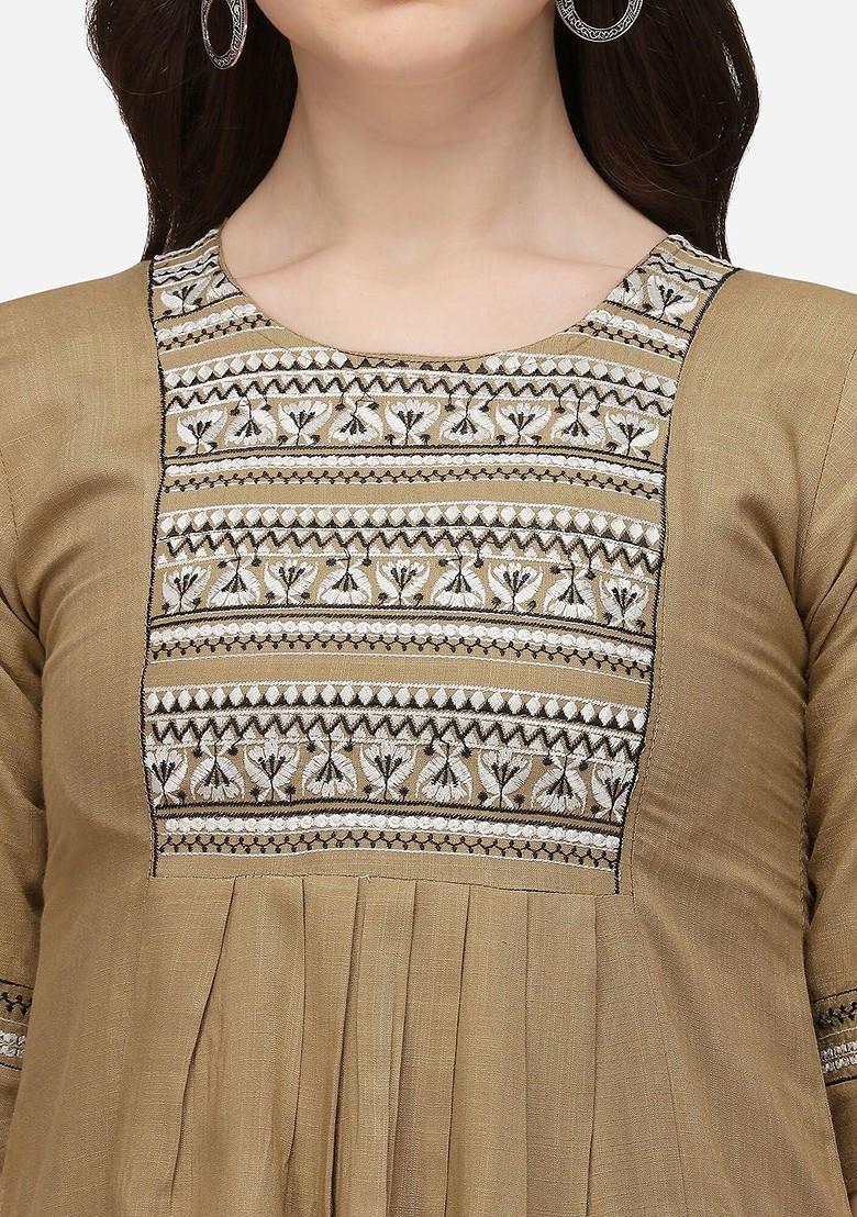 Beige Floral Embroidered Poly Blend Kurta