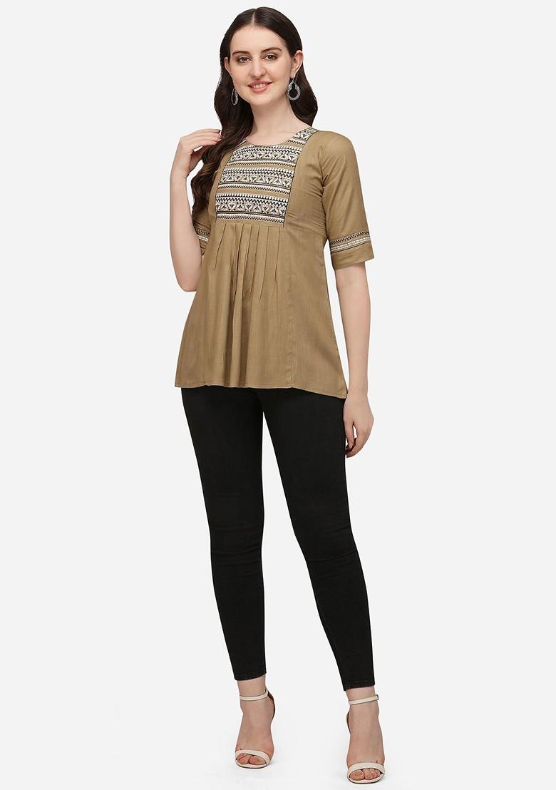 Beige Floral Embroidered Poly Blend Kurta