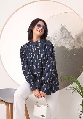 Blue Floral Print Cotton Kurta