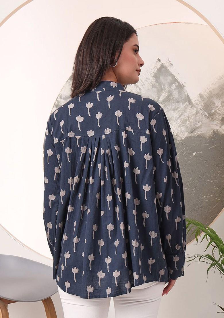 Blue Floral Print Cotton Kurta