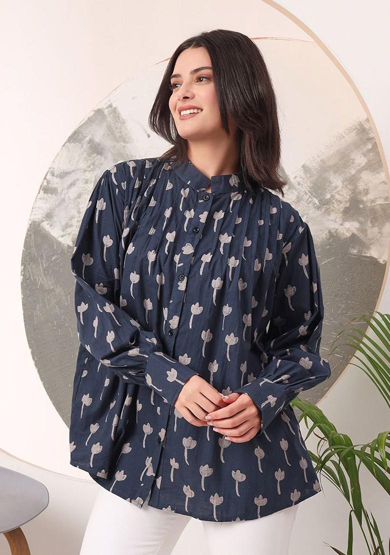 Blue Floral Print Cotton Kurta