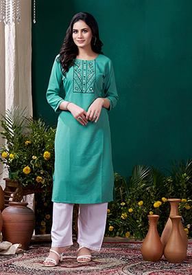 Sea Green Embroidered Cotton Kurta
