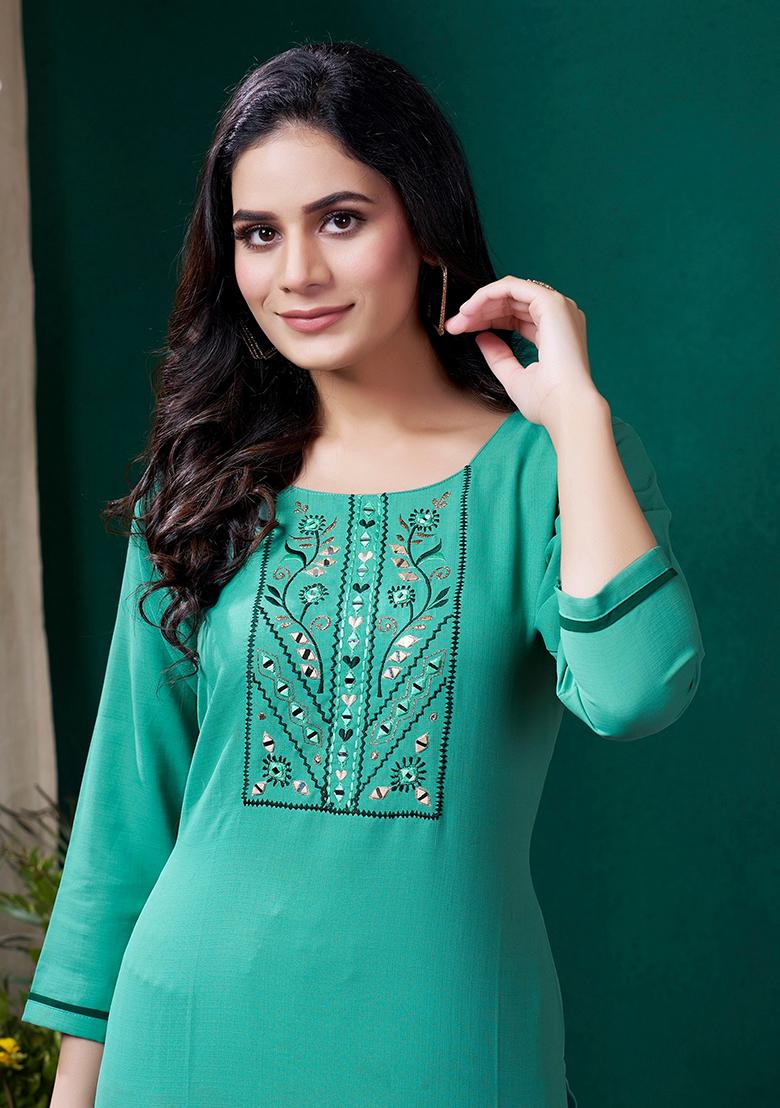 Sea Green Embroidered Cotton Kurta