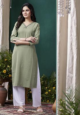Green Embroidered Cotton Kurta
