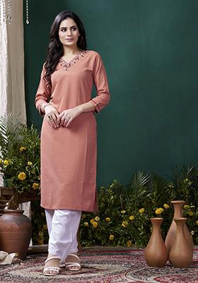 Orange Solid Cotton Straight Kurta Set