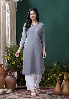 Grey Embroidered Cotton Kurta