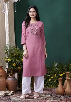 Pink Embroidered Cotton Kurta