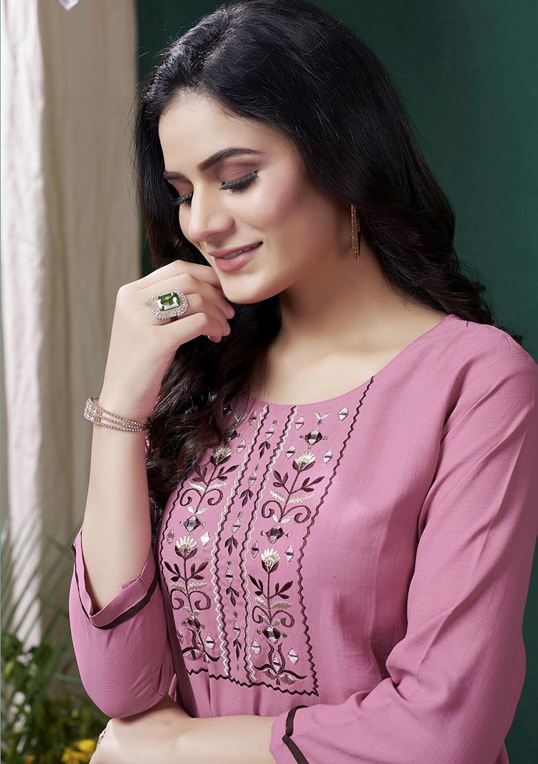 Pink Embroidered Cotton Kurta