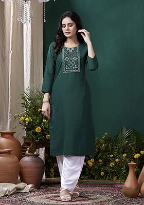 Green Embroidered Cotton Kurta