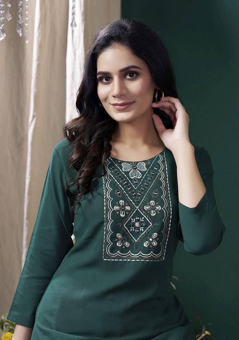 Green Embroidered Cotton Kurta