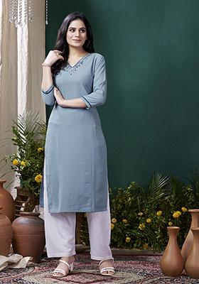 Blue Embroidered Cotton Kurta