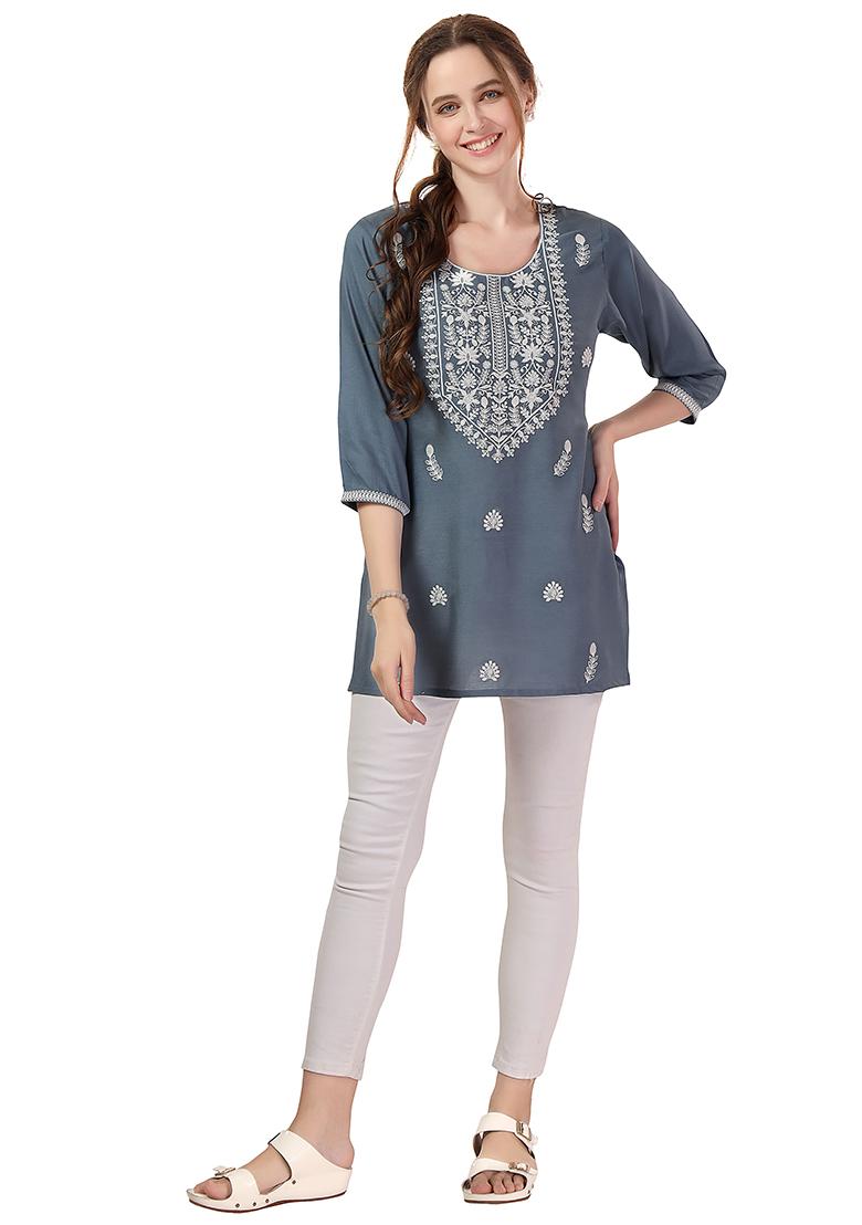 Grey Embroidered Rayon Kurta