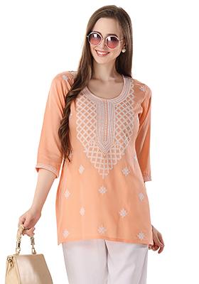 Peach Embroidered Rayon Kurta
