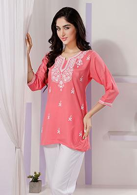 Red Embroidered Rayon Kurta