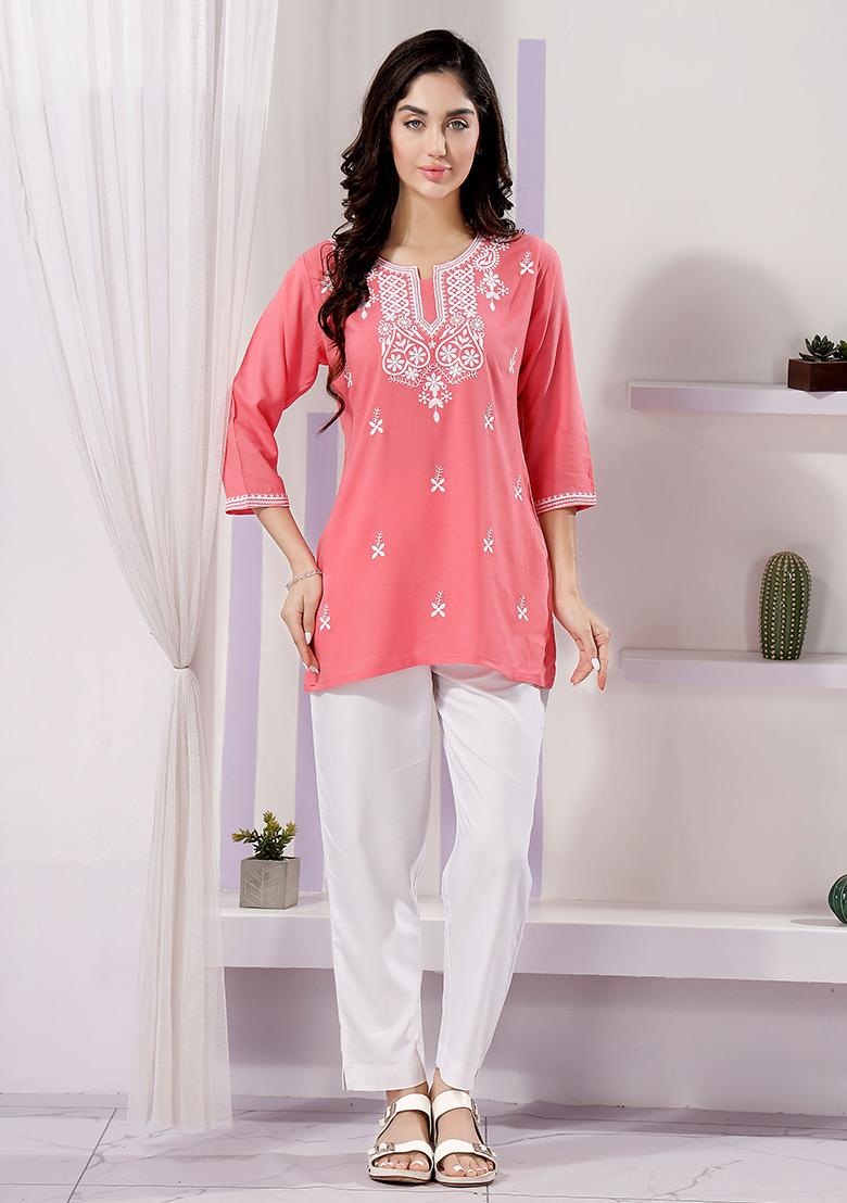 Red Embroidered Rayon Kurta