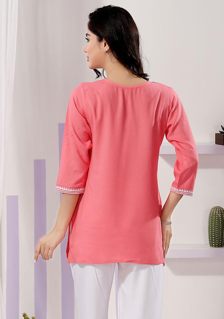 Red Embroidered Rayon Kurta