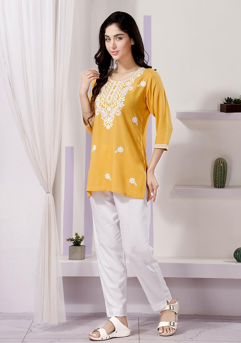 Yellow Embroidered Rayon Kurta