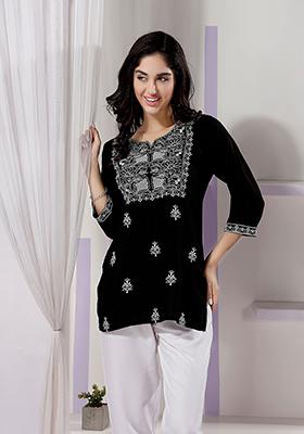 Black Embroidered Rayon Kurta