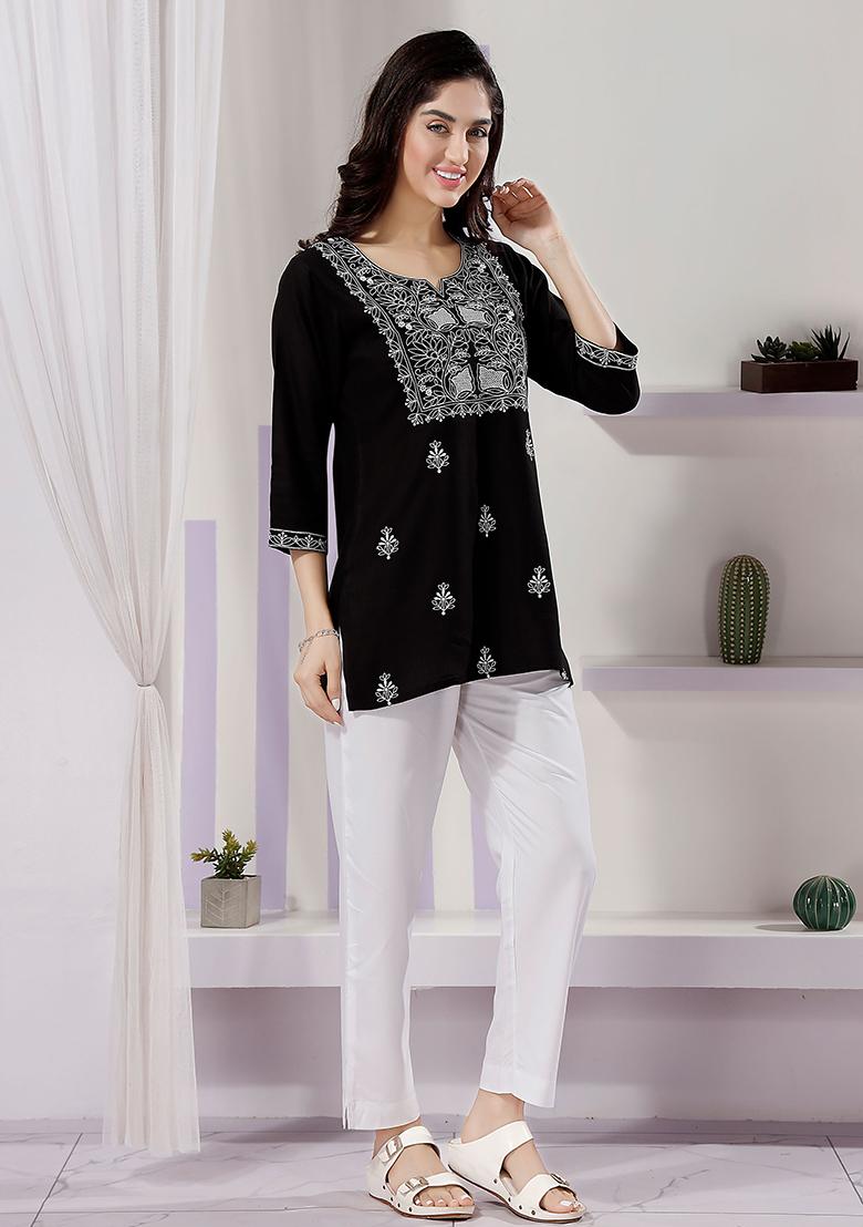 Black Embroidered Rayon Kurta