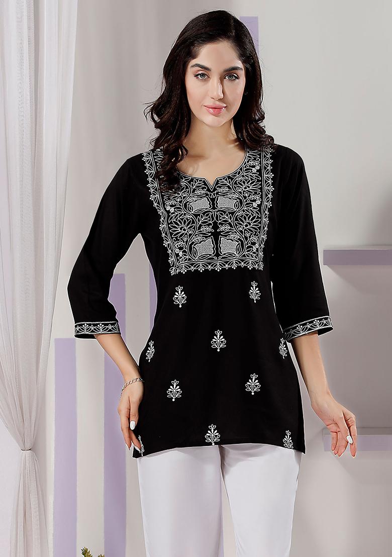 Black Embroidered Rayon Kurta