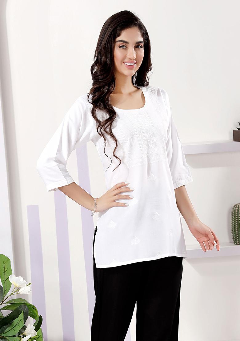 White Embroidered Rayon Kurta