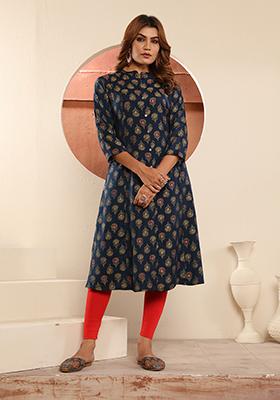 Blue Floral Print Viscose Kurta