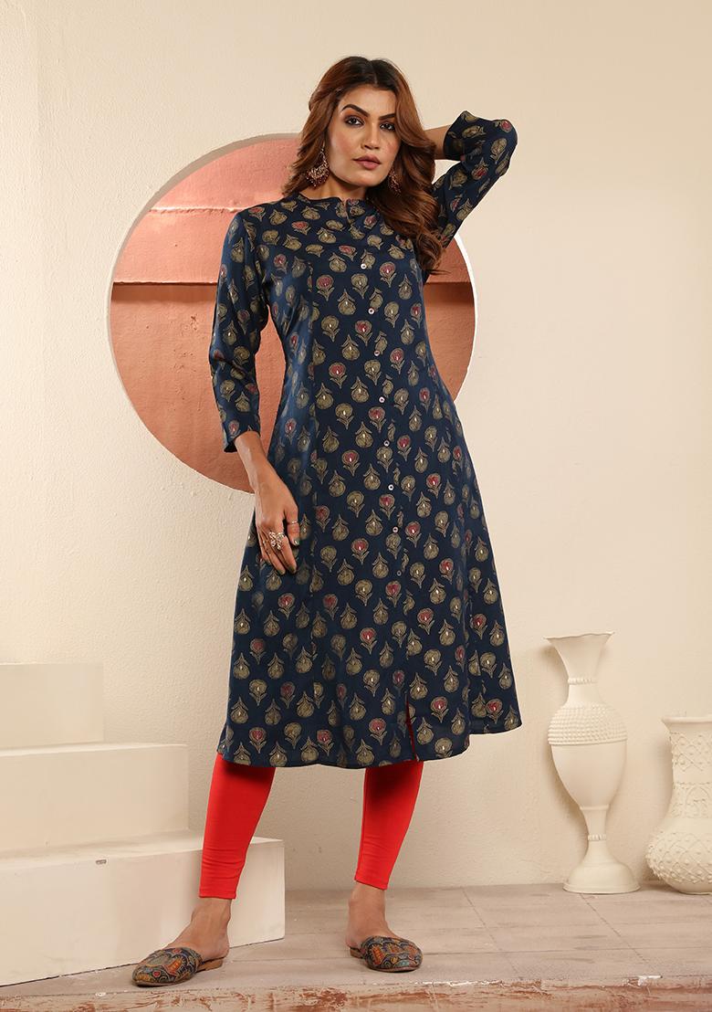 Blue Floral Print Viscose Kurta