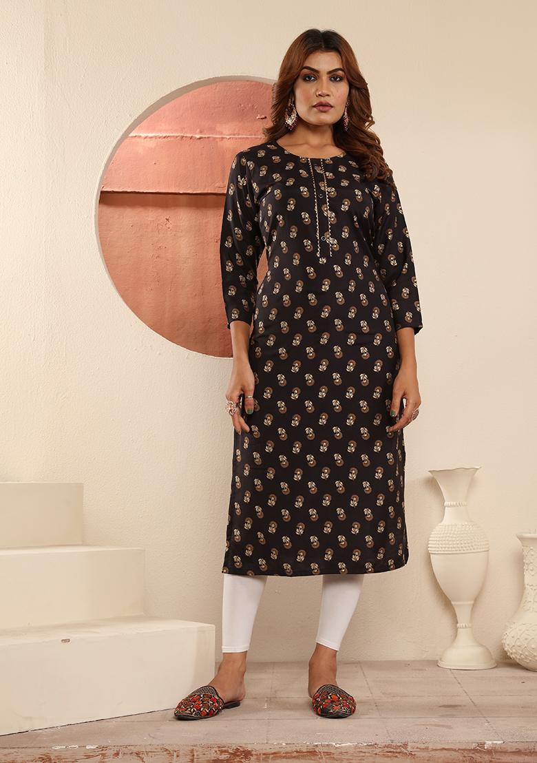 Black Floral Print Viscose Kurta - Indya