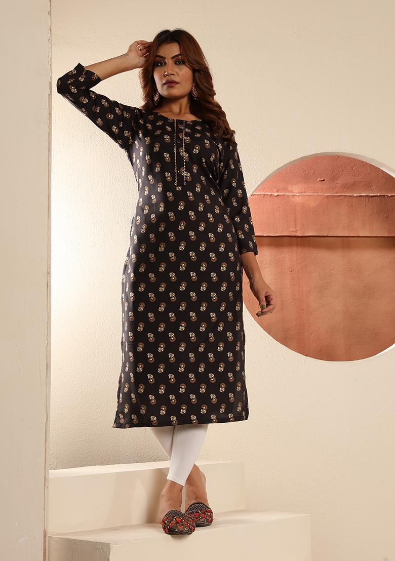 Black Floral Print Viscose Kurta