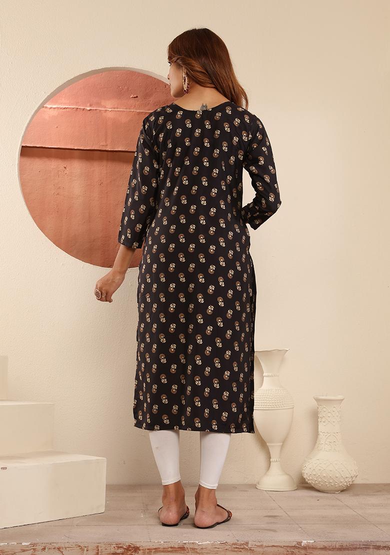 Black Floral Print Viscose Kurta - Indya