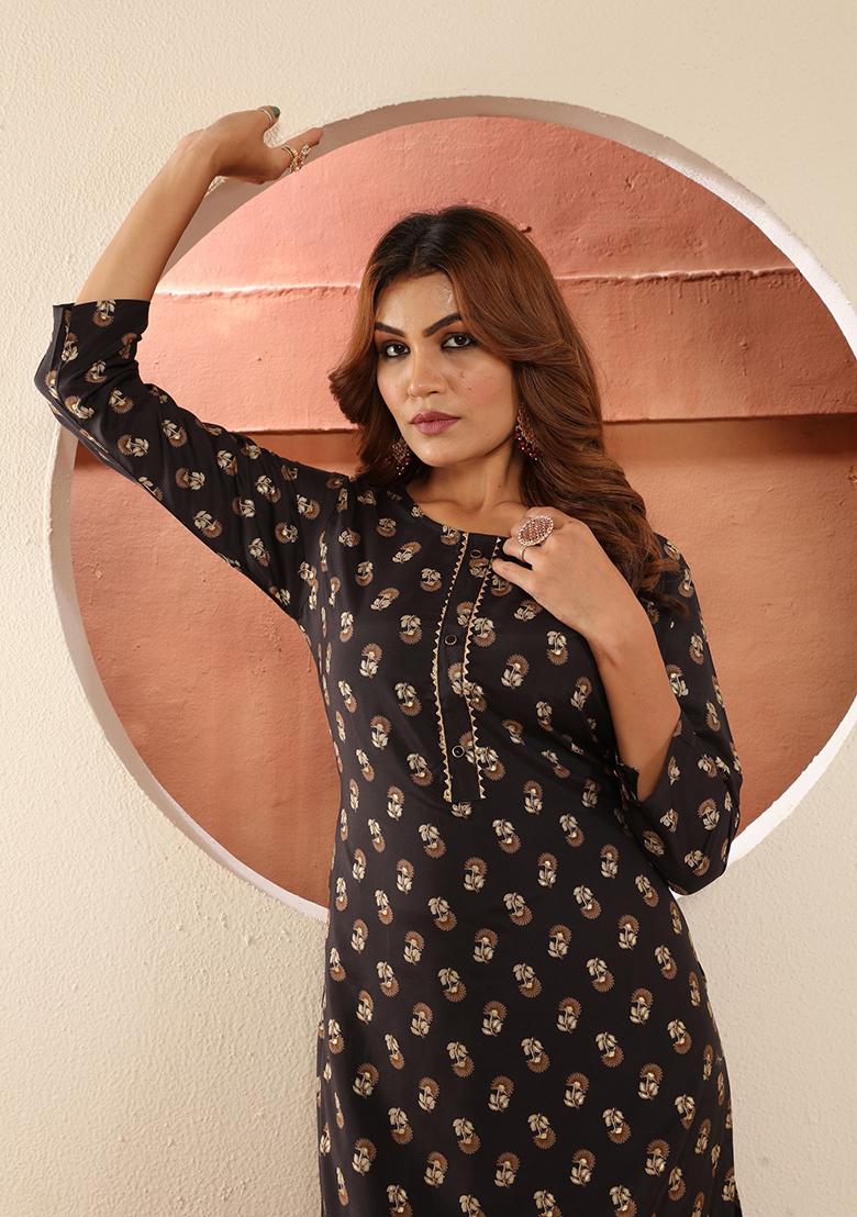 Black Floral Print Viscose Kurta