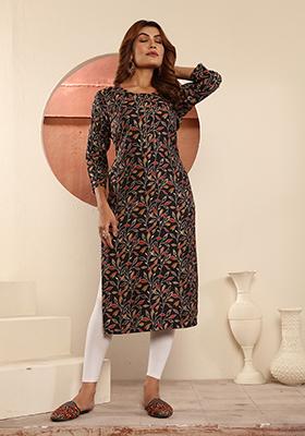 Black Floral Print Viscose Kurta