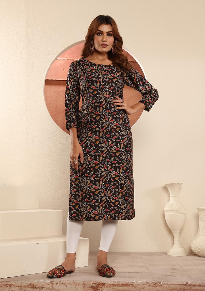 Black Floral Print Viscose Kurta
