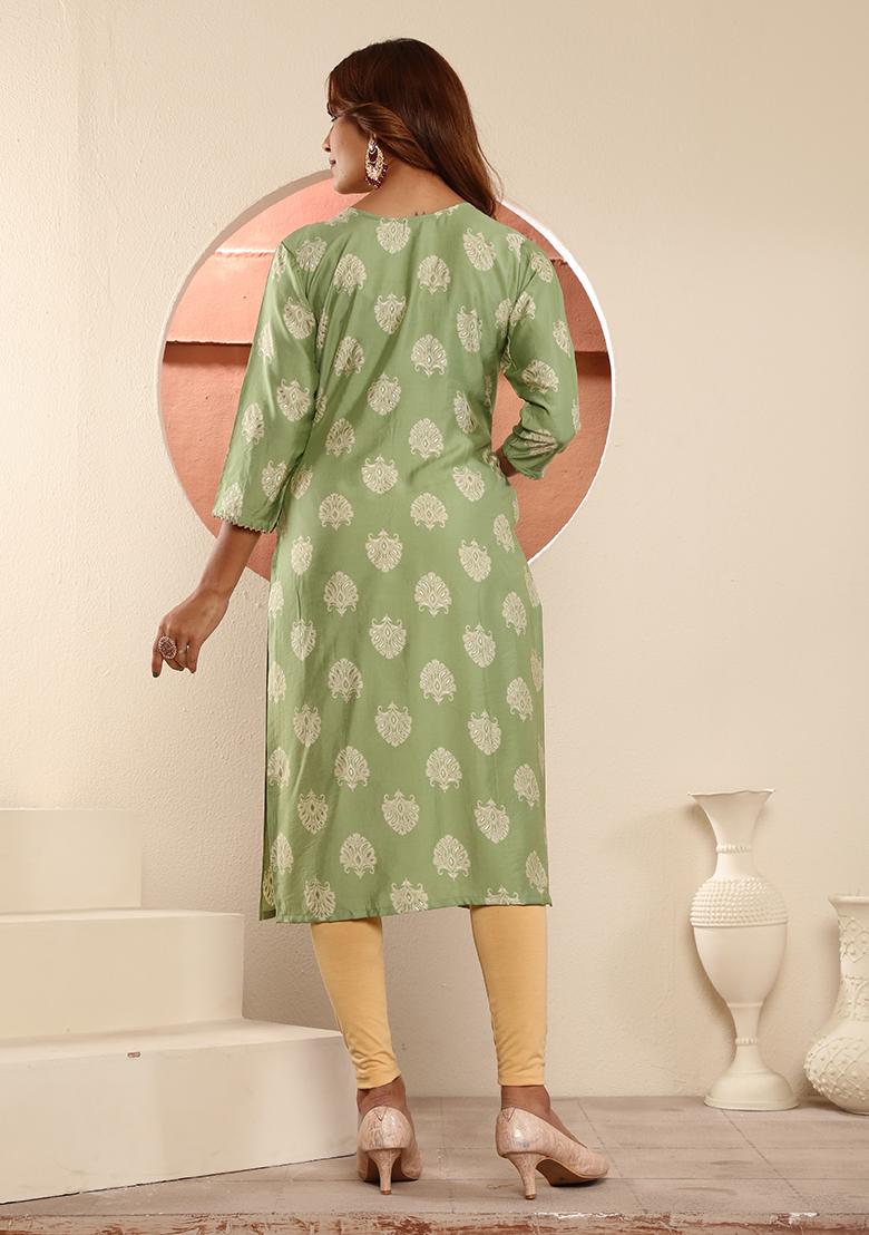 Green Floral Print Viscose Kurta