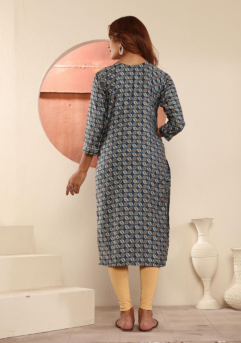 Blue Floral Print Viscose Kurta