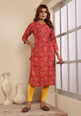 Red Floral Print Viscose Kurta